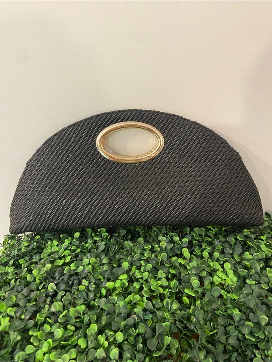 Olga Berg Handbags - Olga Berg Black Woven Half-Moon Clutch with Gold Oval Handle